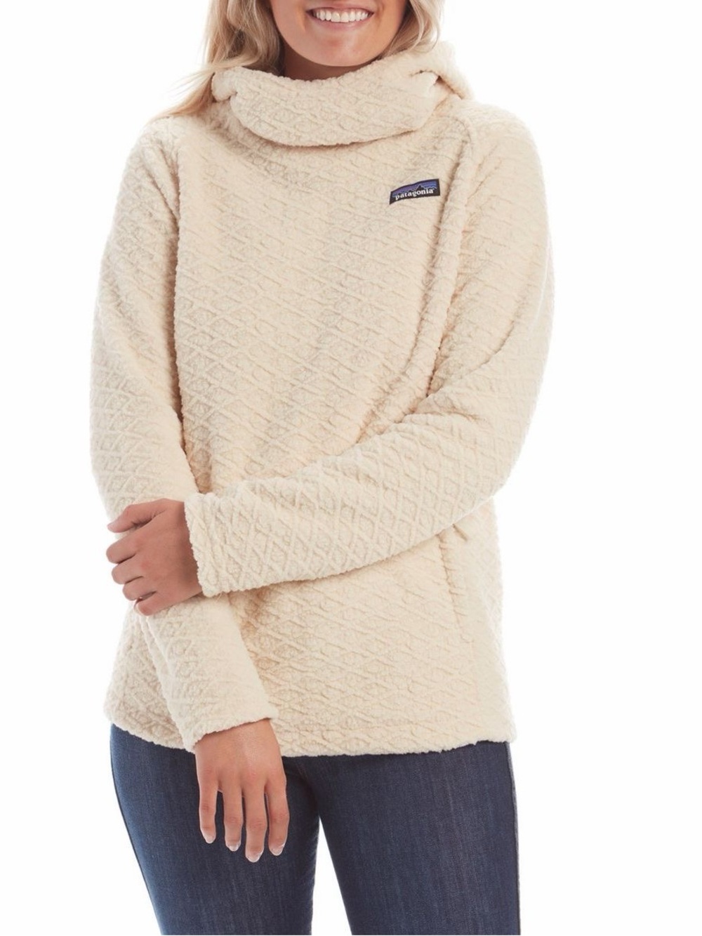 Patagonia Cream Sherpa Diamond Capra Cowl Neck Hoodie Sweatshirt Calcium